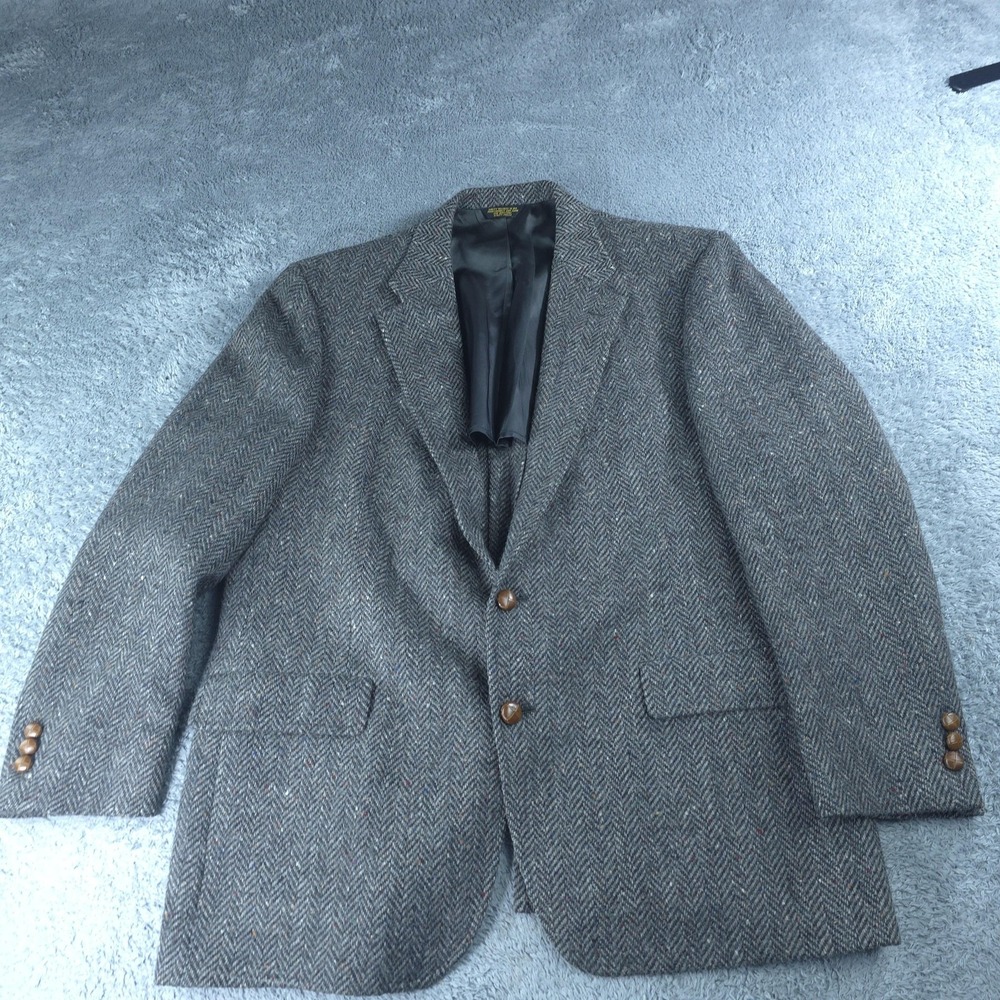 Vintage John Weitz Blazer Mens 48 Gray Herringbone Wool Sport Coat Made USA